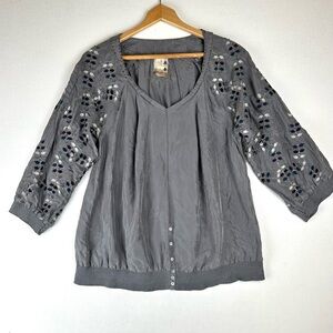 Da-Nang Silk Embroidered & Beaded Tunic Blouse Peasant Boho